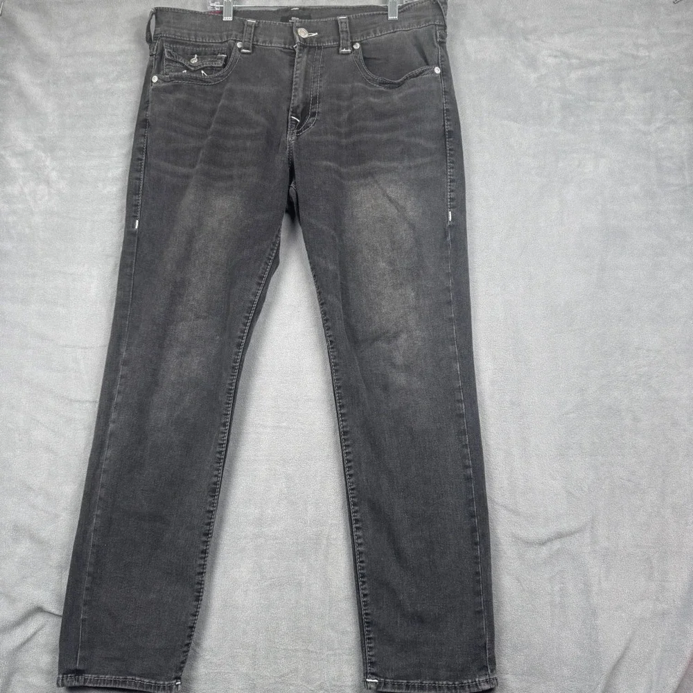 True Religion Geno Relaxed Slim Jeans Mens 36 Black Faded Denim Horseshoe Pocket